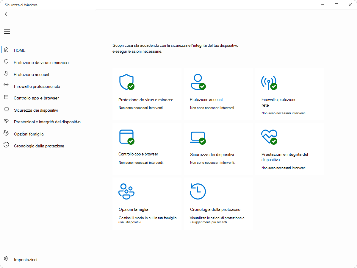 Screenshot di Sicurezza di Windows - Riquadro Home.
