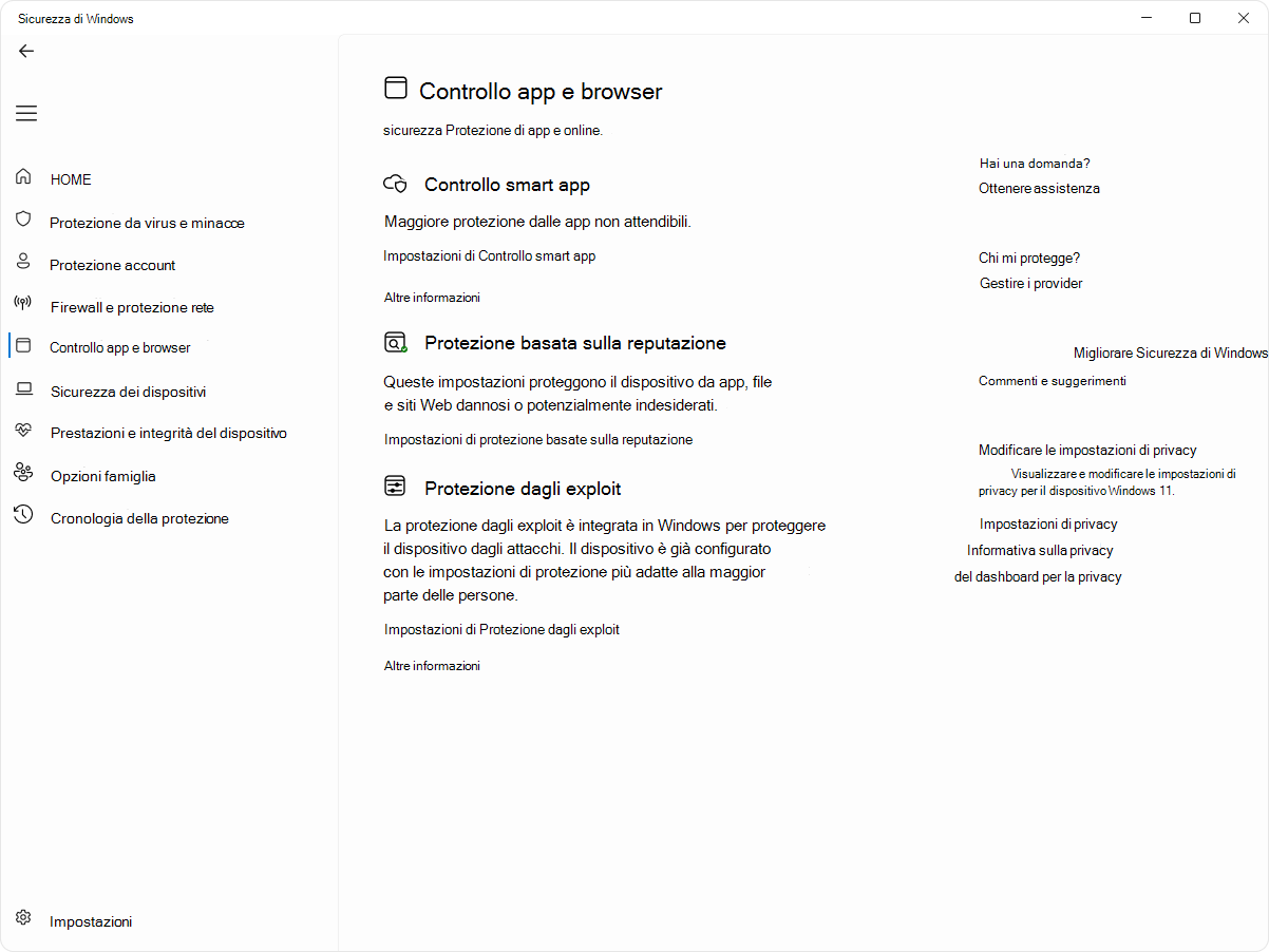 Screenshot della pagina di controllo dell'app e del browser dell'app Sicurezza di Windows.
