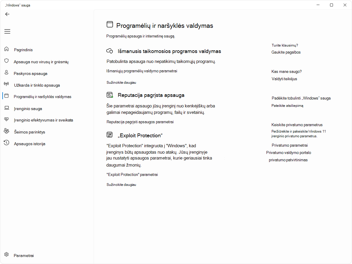 programos "„Windows“ sauga" programos ir naršyklės valdymo puslapio ekrano nuotrauka.