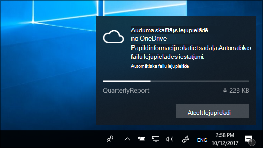 Lejupielādes paziņojums, kas saņemts, ja ir ieslēgts OneDrive faili pēc pieprasījuma