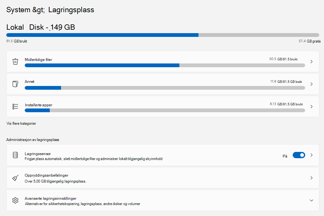 Skjermbilde av lagringsinnstillinger i Windows