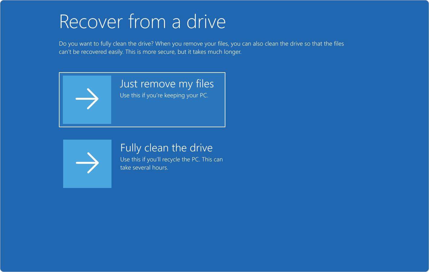 Screenshot of Windows RE showing the options to recover from a drive