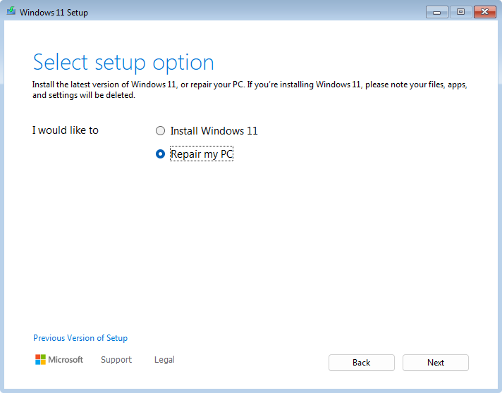 Screenshot of the Windows 11 setup with the selection to repair the PC.