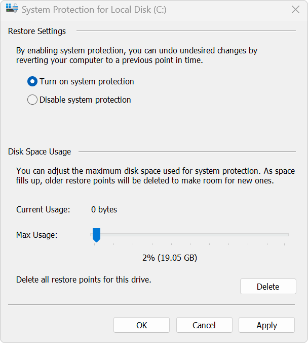 Screenshot of System Protection.