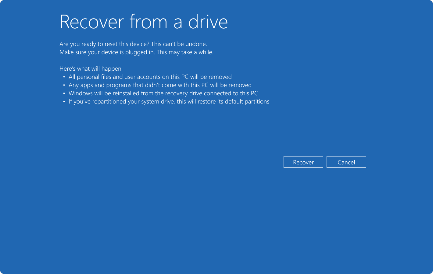 Screenshot of Windows RE showing the recover from a drive confirmation