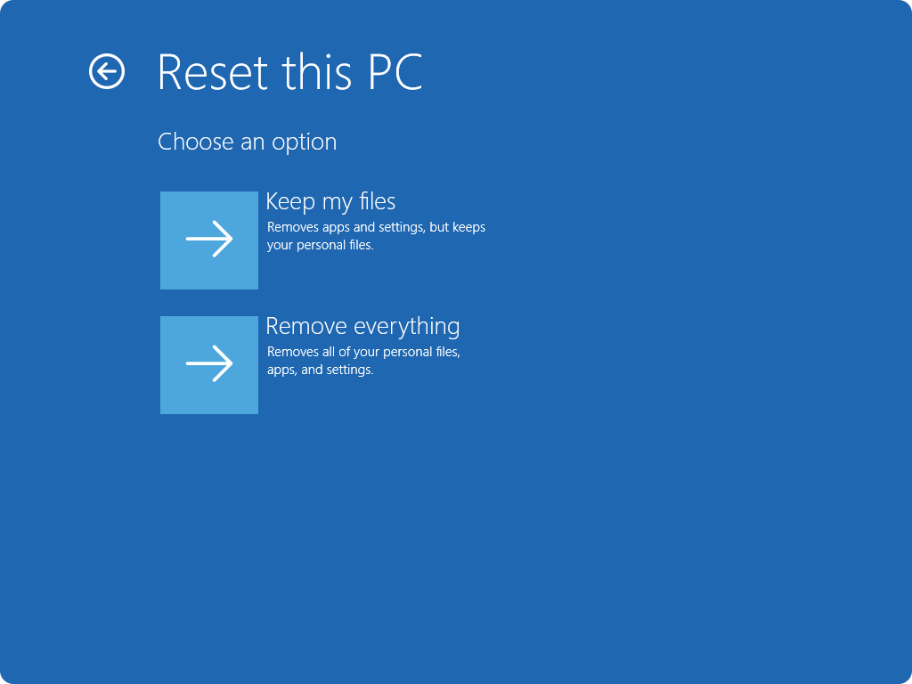 Screenshot of the reset screen in WinRE.