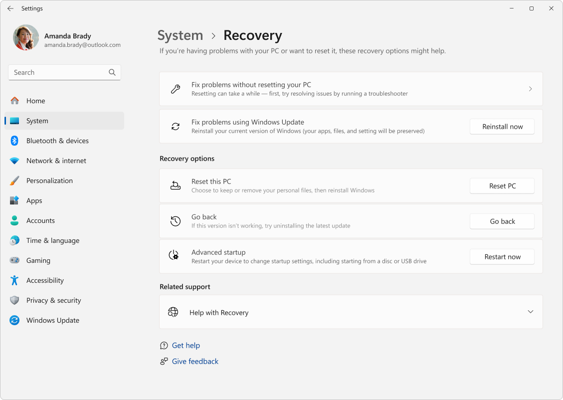 Screenshot of Settings - System - Recovery.