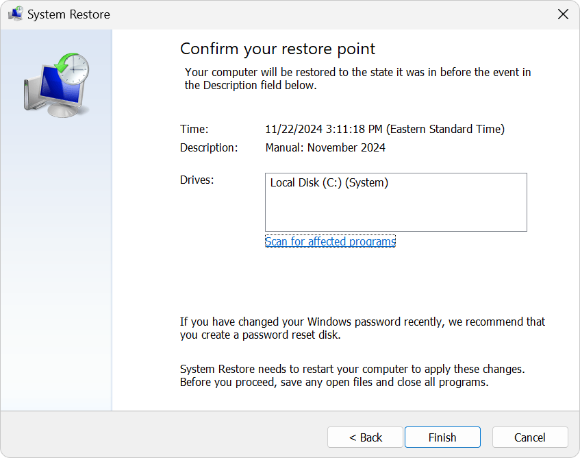 Screenshot of System Restore.