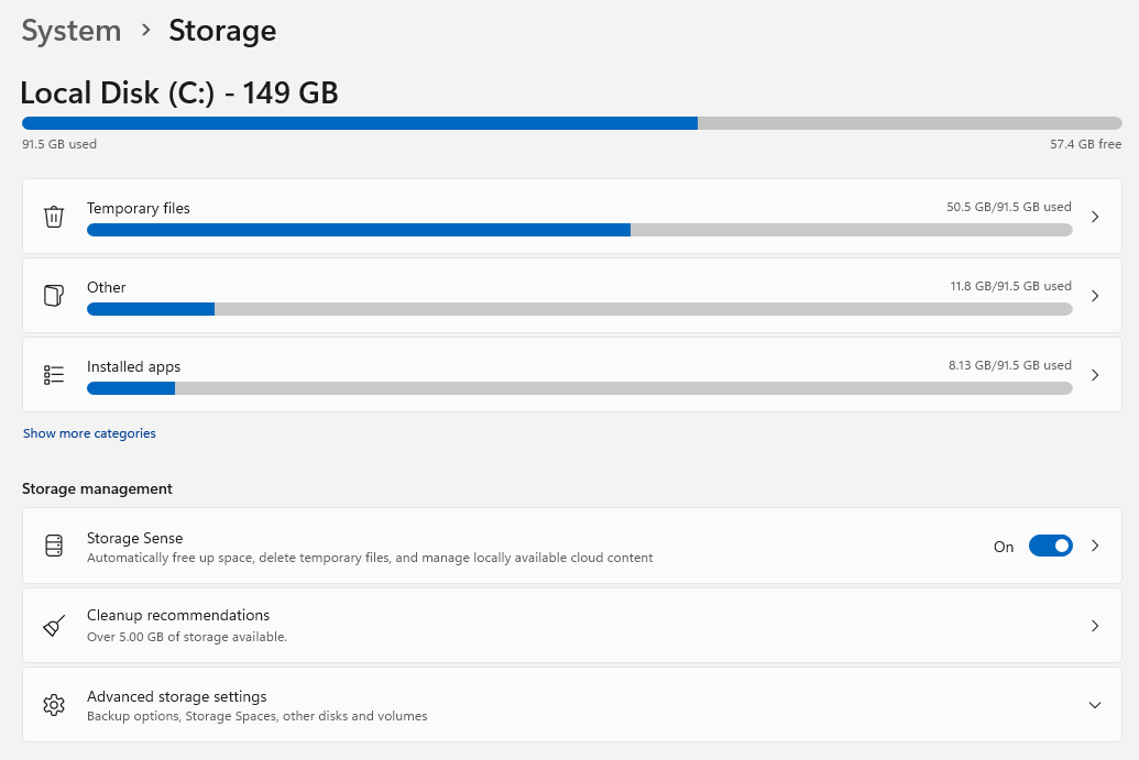 Screenshot of storage settings in Windows