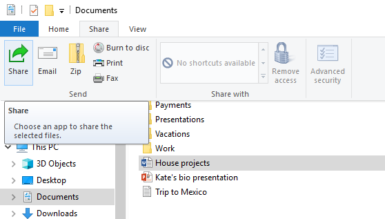 Where to find the Share button in File Explorer on Windows 10
