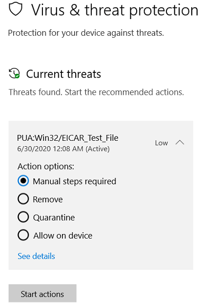 The actions you can take when Windows Security has detected a potentially unwanted app