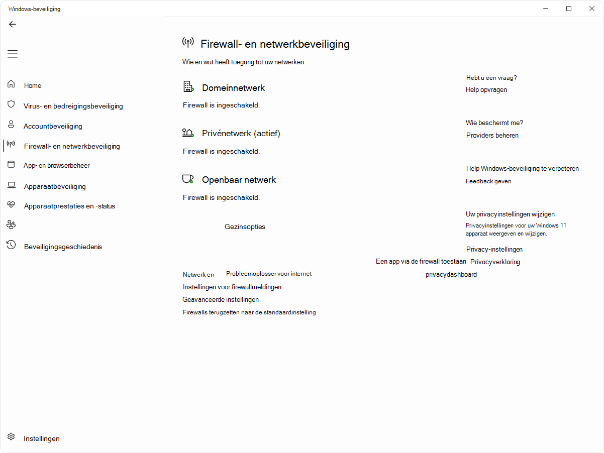 Schermopname van de pagina Firewall- en netwerkbeveiliging van de Windows-beveiliging-app.