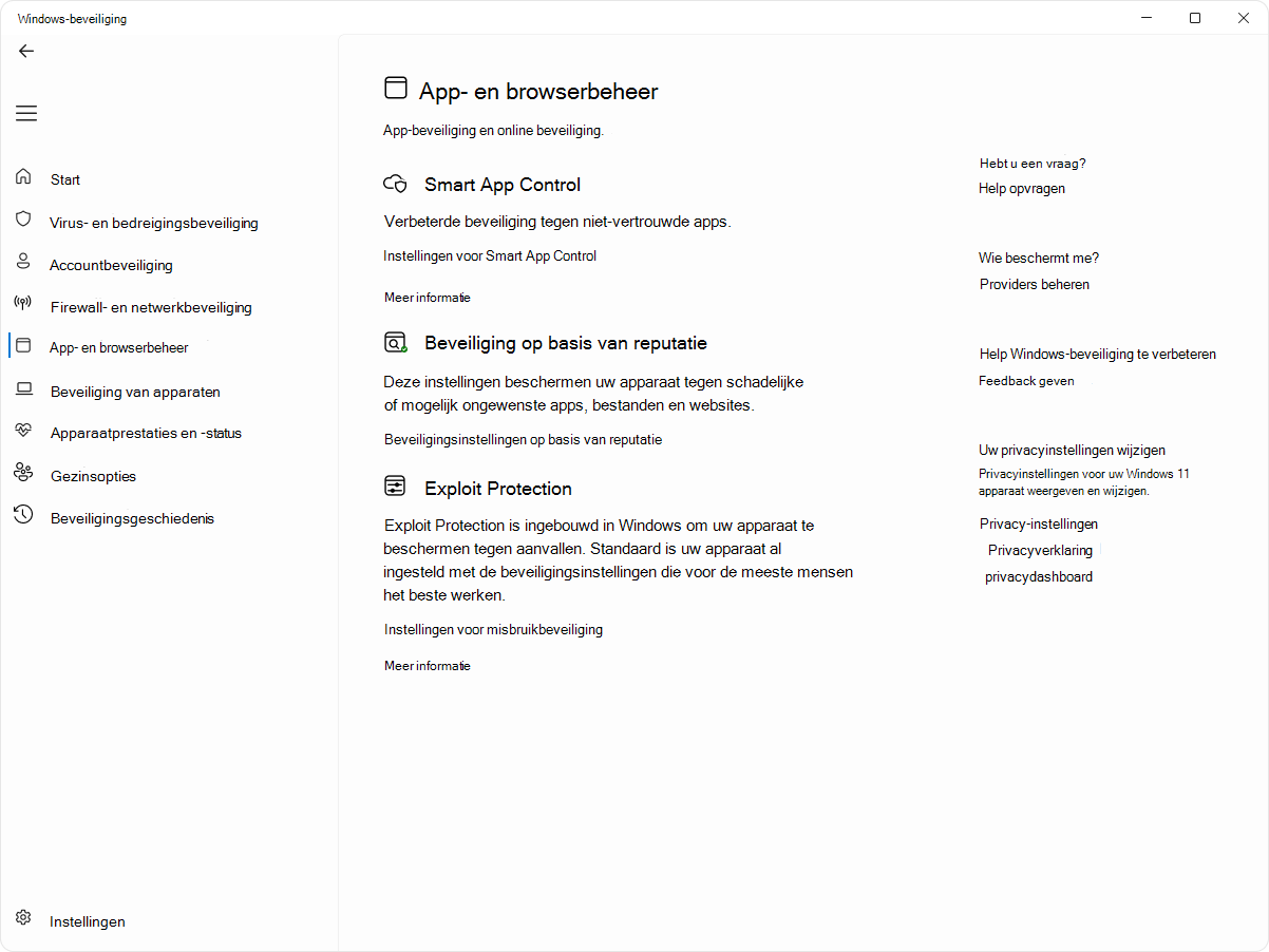 Schermopname van de pagina voor app- en browserbeheer van de Windows-beveiliging-app.