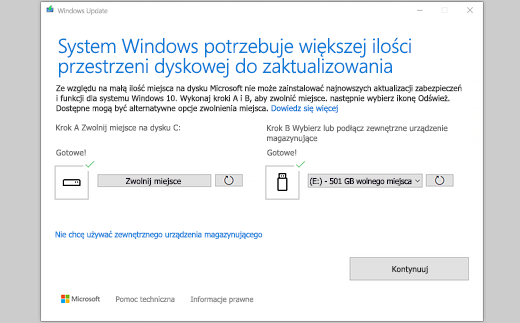 Komunikat „System Windows potrzebuje więcej miejsca do wykonania aktualizacji”