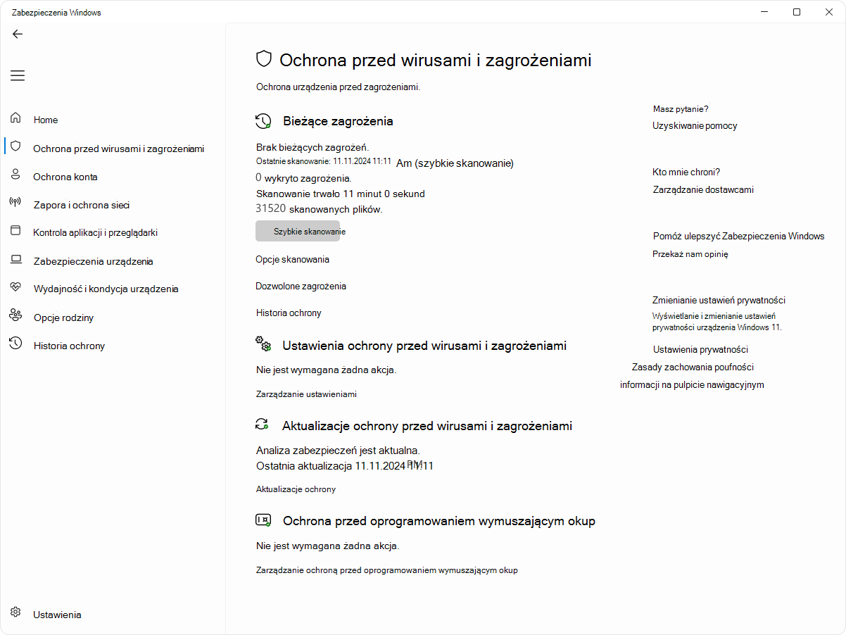 Zrzut ekranu przedstawiający stronę ochrony przed wirusami i zagrożeniami w aplikacji Zabezpieczenia Windows.