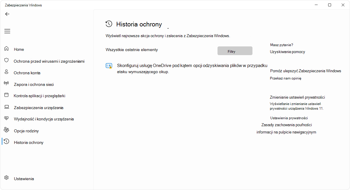 Zrzut ekranu przedstawiający stronę historii ochrony aplikacji Zabezpieczenia Windows.