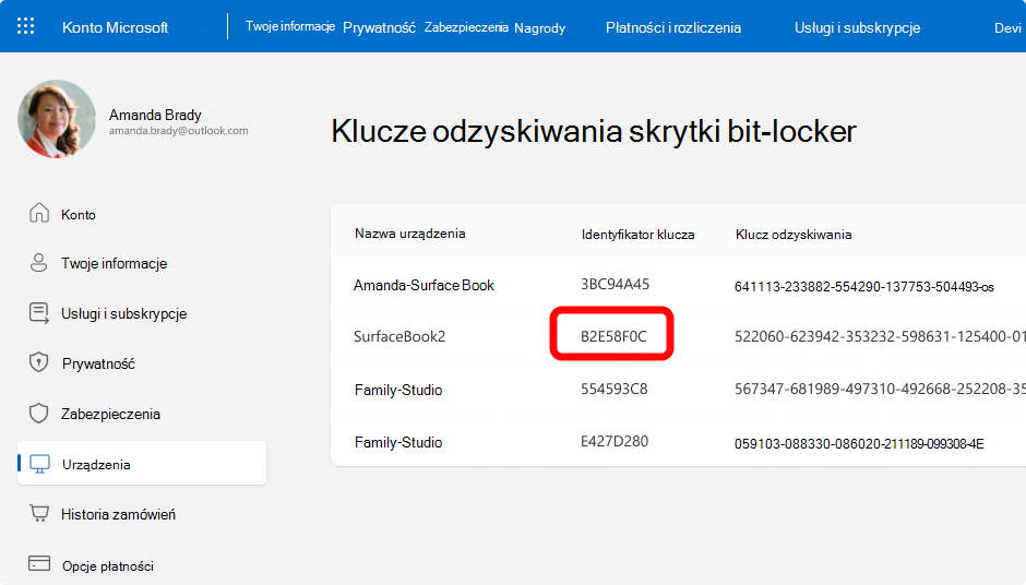 Zrzut ekranu przedstawiający klucze odzyskiwania funkcji BitLocker dla konta Microsoft.