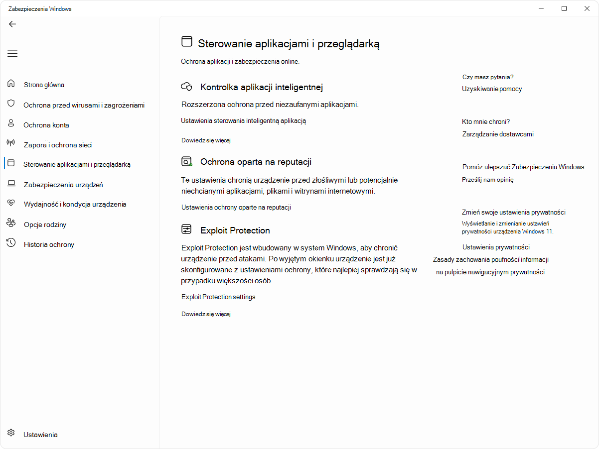Zrzut ekranu przedstawiający stronę sterowania aplikacją i przeglądarką aplikacji Zabezpieczenia Windows.