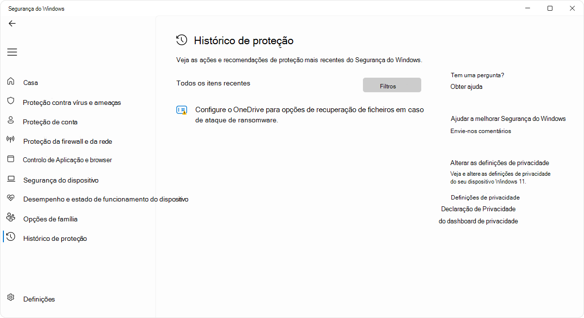 Captura de ecrã da página do histórico de proteção da aplicação Segurança do Windows.
