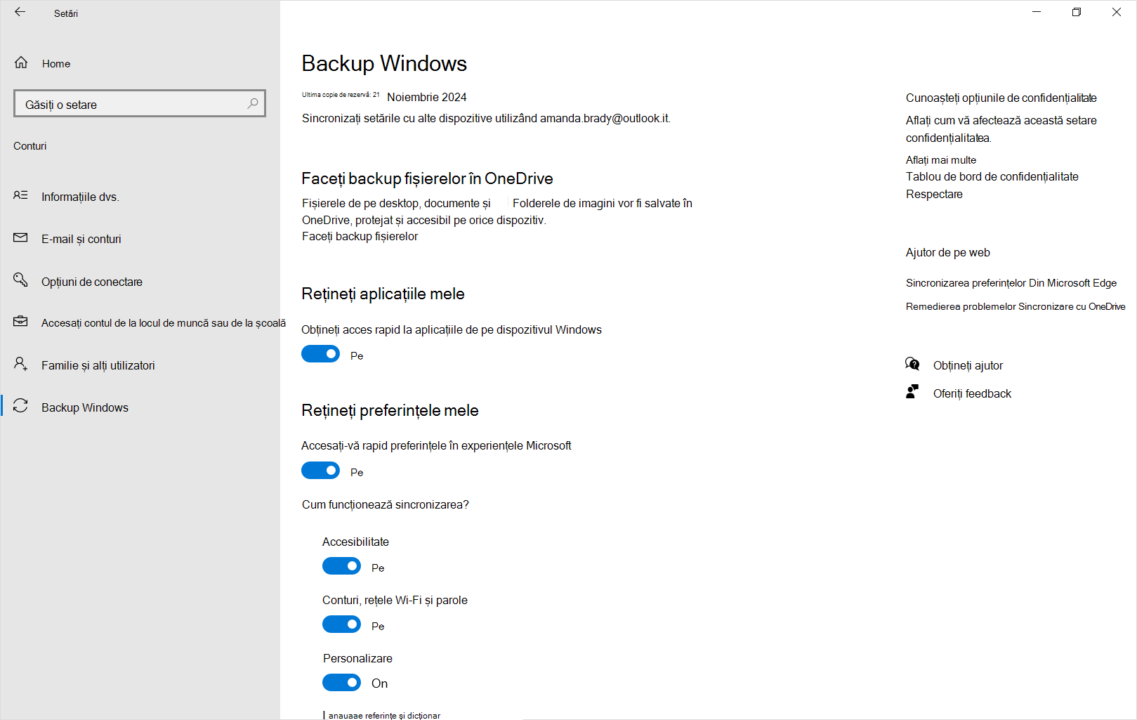 Captură de ecran cu Backup Windows setări în Windows 10.