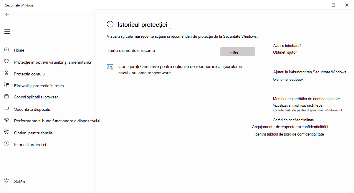 Captură de ecran a paginii istoricului de protecție din aplicația Securitate Windows.