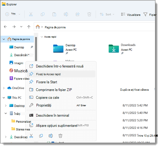 Afișează Explorer, cu meniul contextual deschis pentru un fișier. Opțiunea "Fixare la Acces rapid" este evidențiată în meniu.