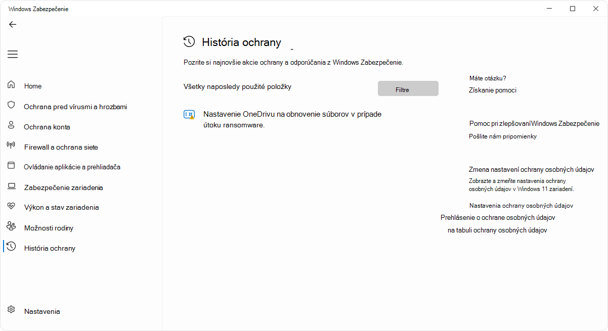 Snímka obrazovky stránky histórie ochrany aplikácie Windows Zabezpečenie.