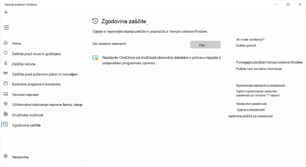 Posnetek zaslona strani z zgodovino zaščite Varnost sistema Windows aplikacijo.