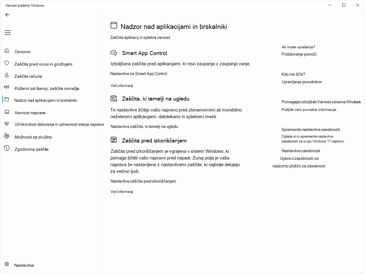 Posnetek zaslona strani za nadzor aplikacije in brskalnika v Varnost sistema Windows aplikaciji.