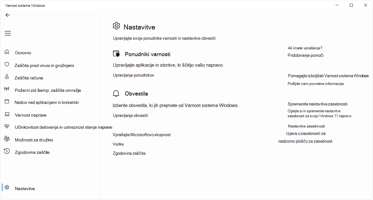 Posnetek zaslona strani z nastavitvami Varnost sistema Windows aplikacijo.