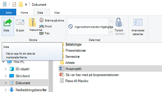 Var du hittar knappen Dela i Utforskaren på Windows 10