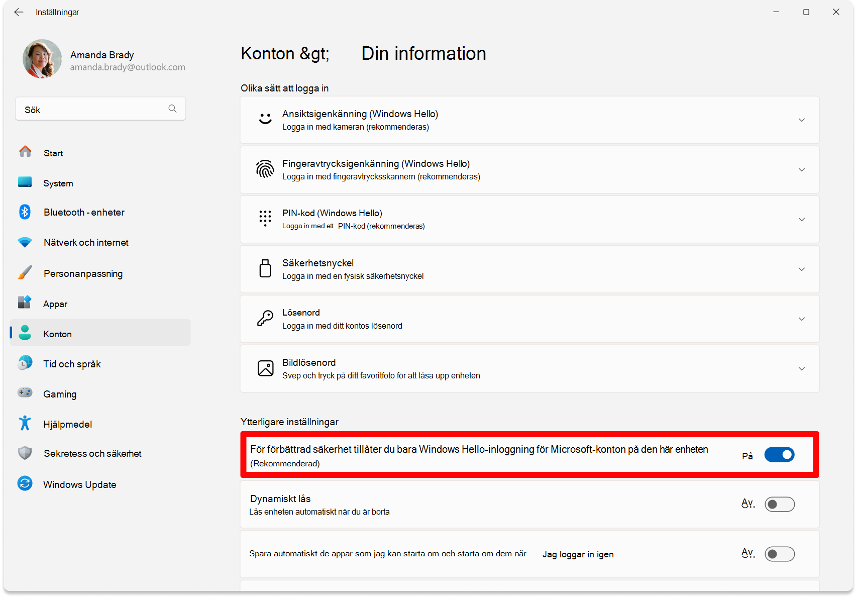 Skärmbild av Inställningar – växlingsknappen för att konfigurera lösenordsfri aktiverad.