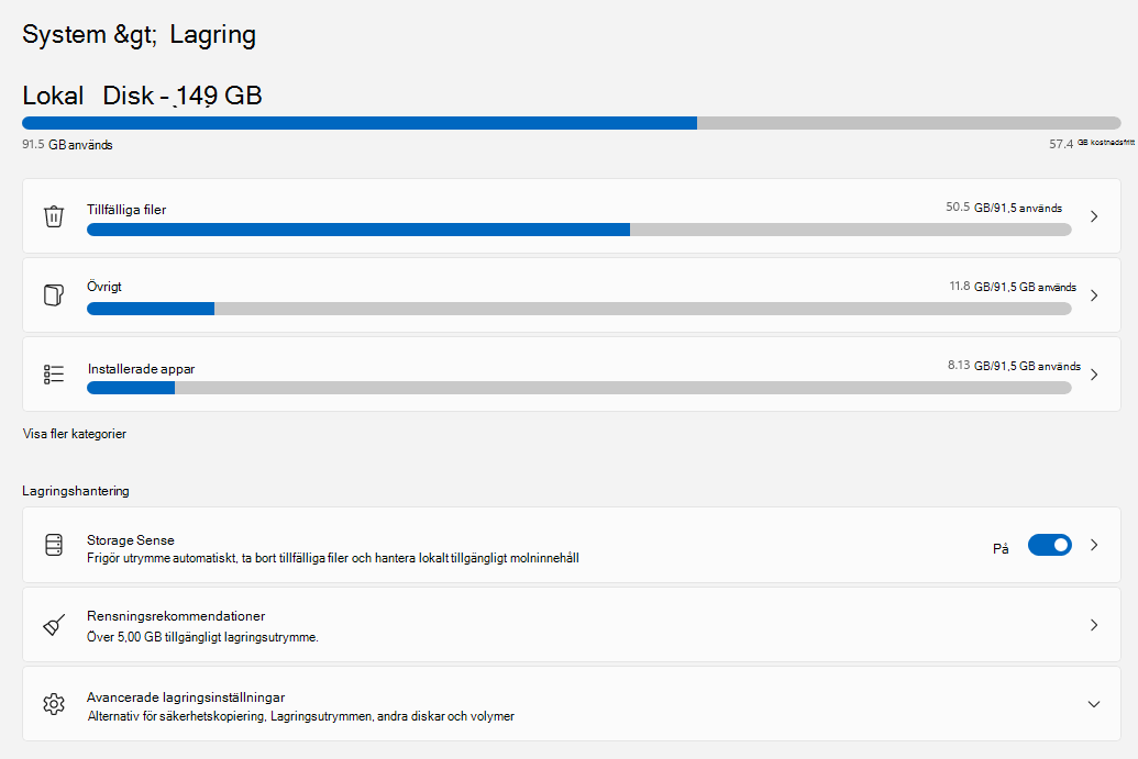 Skärmbild av lagringsinställningar i Windows