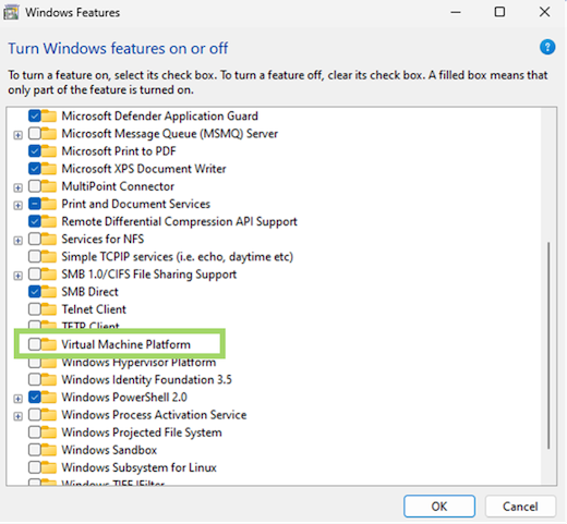 Fönstret Windows-funktioner med mappen Virtual Machine Platform