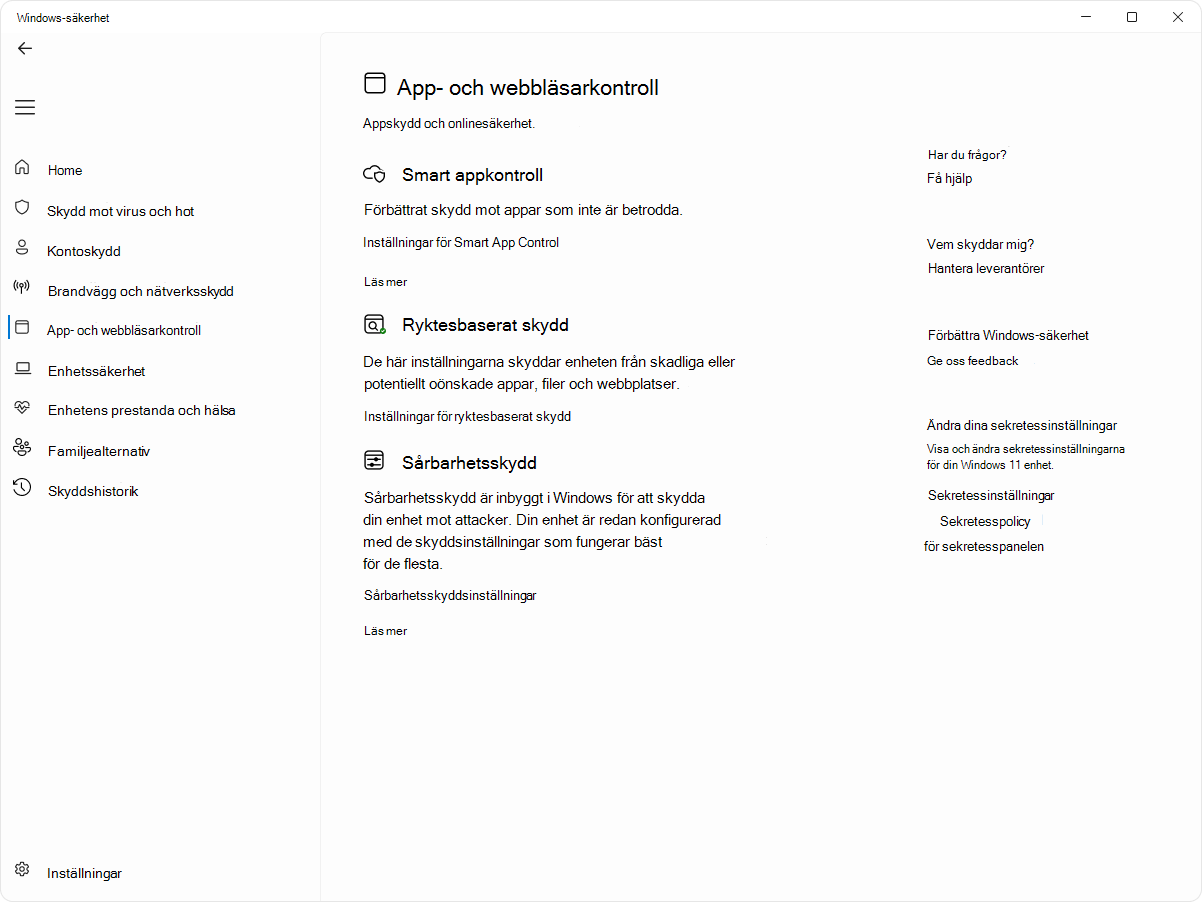 Skärmbild av sidan för app- och webbläsarkontroll i Windows-säkerhet-appen.