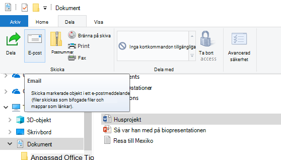 Dela en fil via e-post på Windows 10