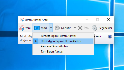 Ekran Alıntısı Aracı modu seçenekleri