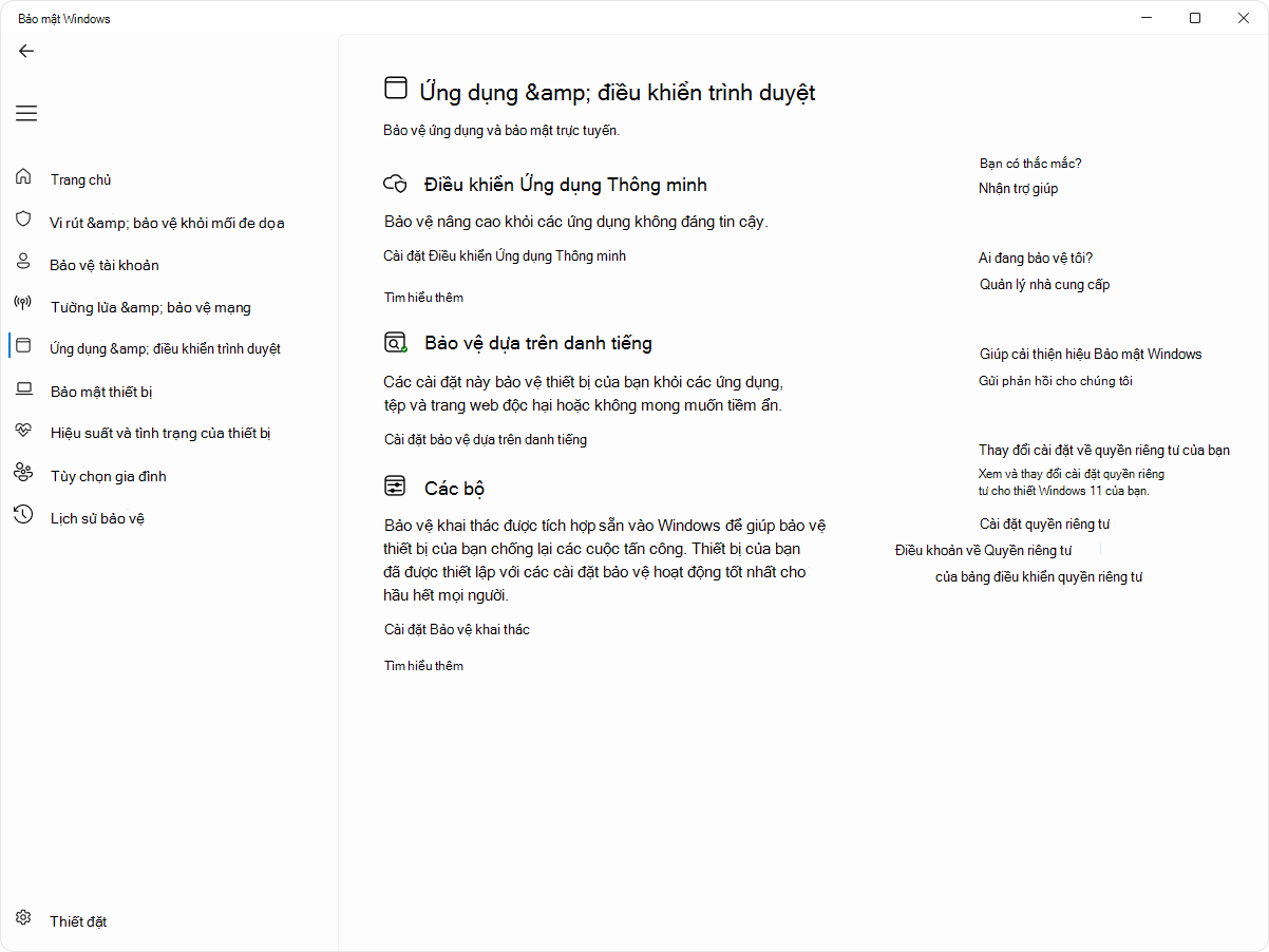 Ảnh chụp màn hình trang điều khiển ứng dụng và trình duyệt của ứng Bảo mật Windows này.