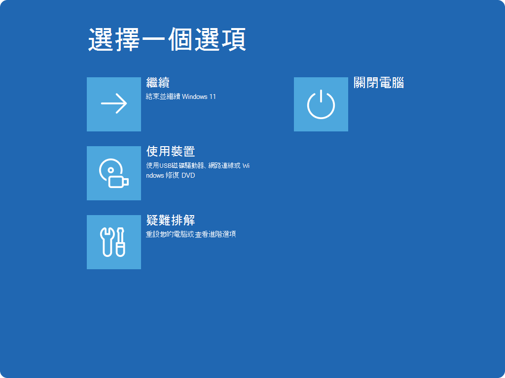 Windows RE 中 [選擇選項] 畫面的螢幕快照。