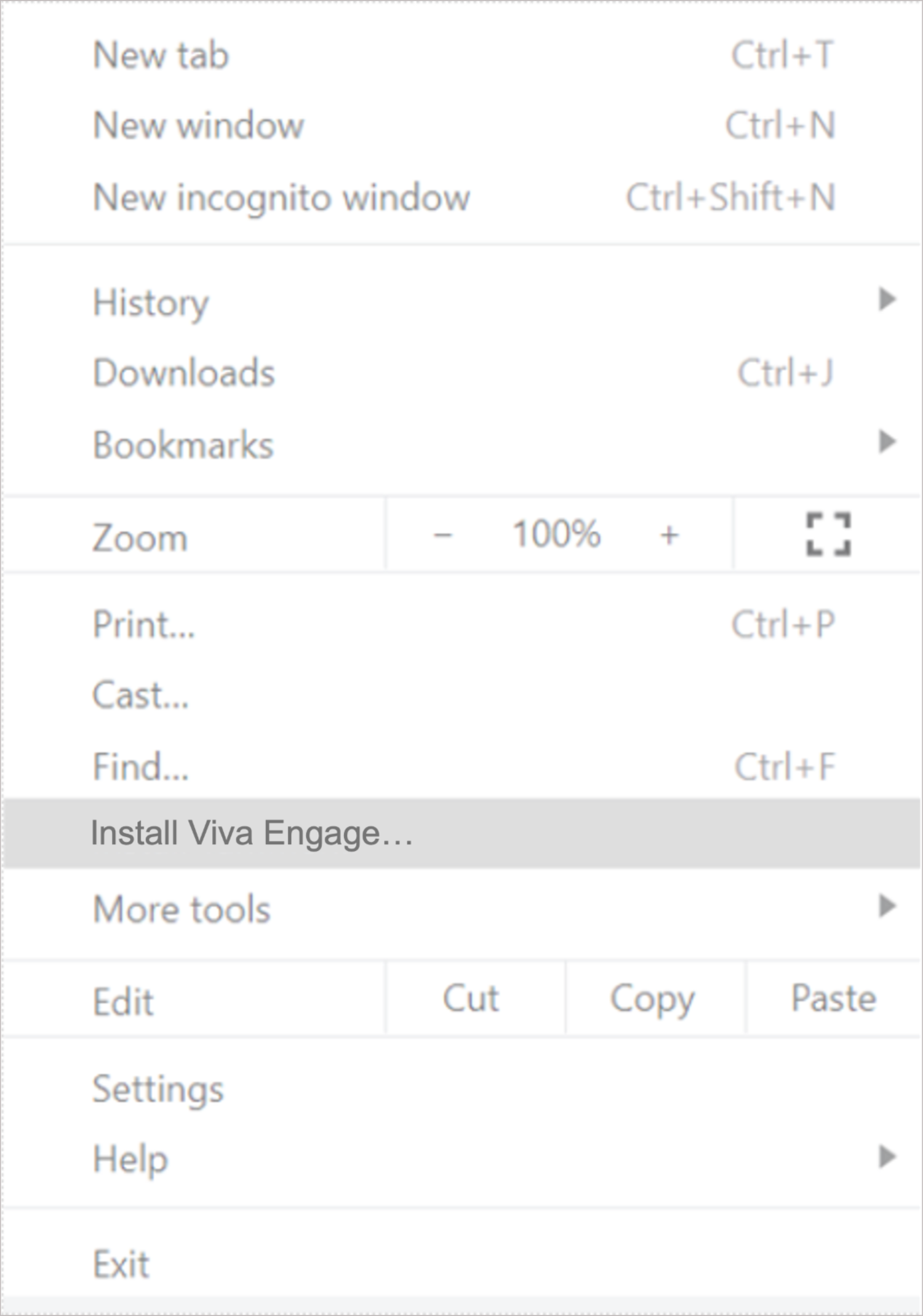 لقطة شاشة توضح كيفية استخدام قائمة Chrome لتثبيت Viva Engage.