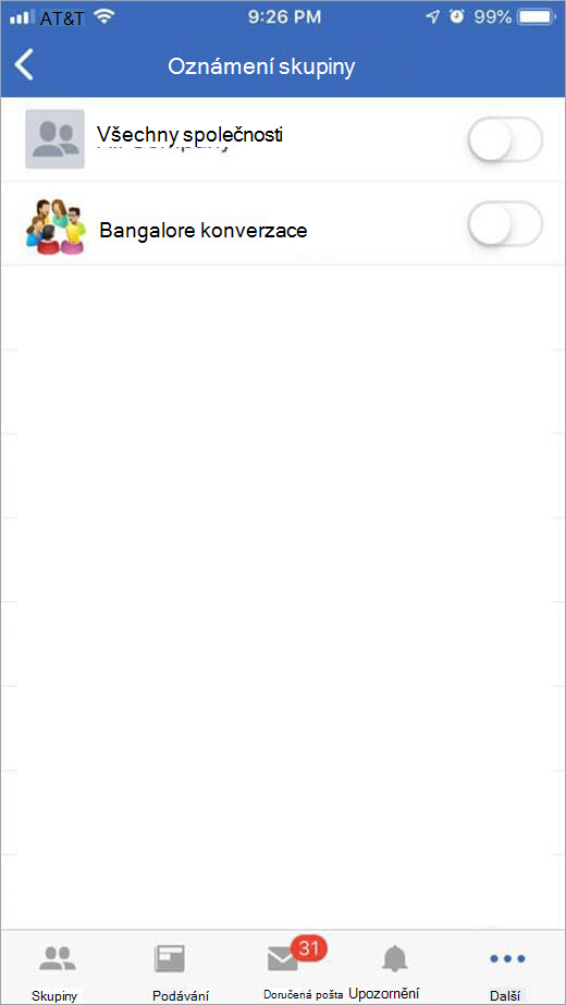 Stránka Yammeru pro iOS pro výběr skupin, od které chcete dostávat oznámení