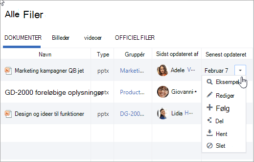 Rullemenuen i kolonnen Senest opdateret den viser mulige handlinger