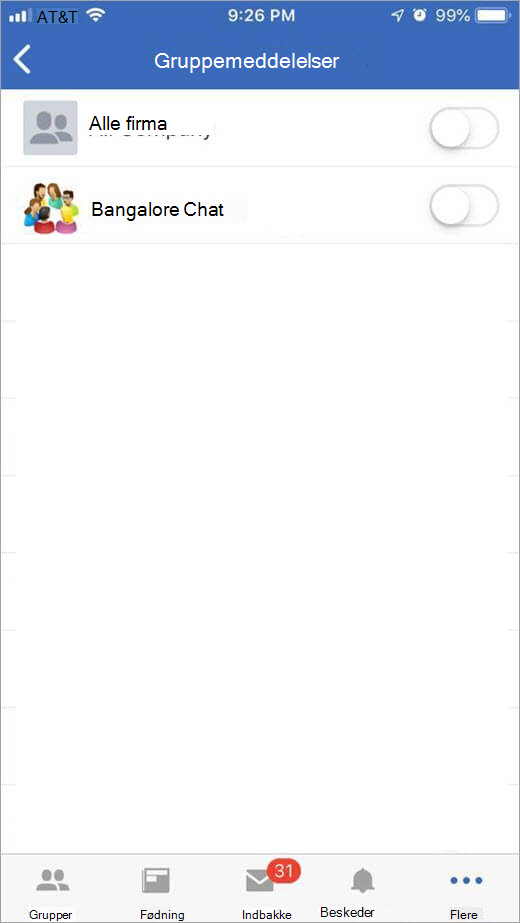 Yammer-side i iOS til valg af grupper, der skal modtages meddelelser fra
