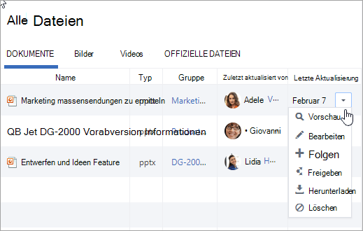 In der Dropdownliste in der Spalte Zuletzt aktualisiert am werden mögliche Aktionen angezeigt.