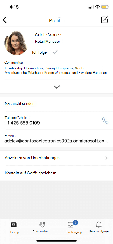 einstellungen für Yammer mobiler Profile