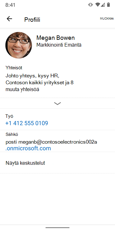 Näyttökuva profiilin määrittämisestä uudessa Yammer Android -sovelluksessa