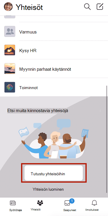 Näyttökuva Yammer-yhteisöjen löytämisestä mobiililaitteessa valinnan avulla