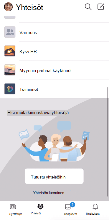 Näyttökuva Yammer-yhteisöjen löytämisestä mobiilisovelluksessa