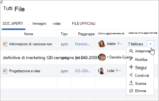 L'elenco a discesa nella colonna Ultimo aggiornamento il mostra le possibili azioni