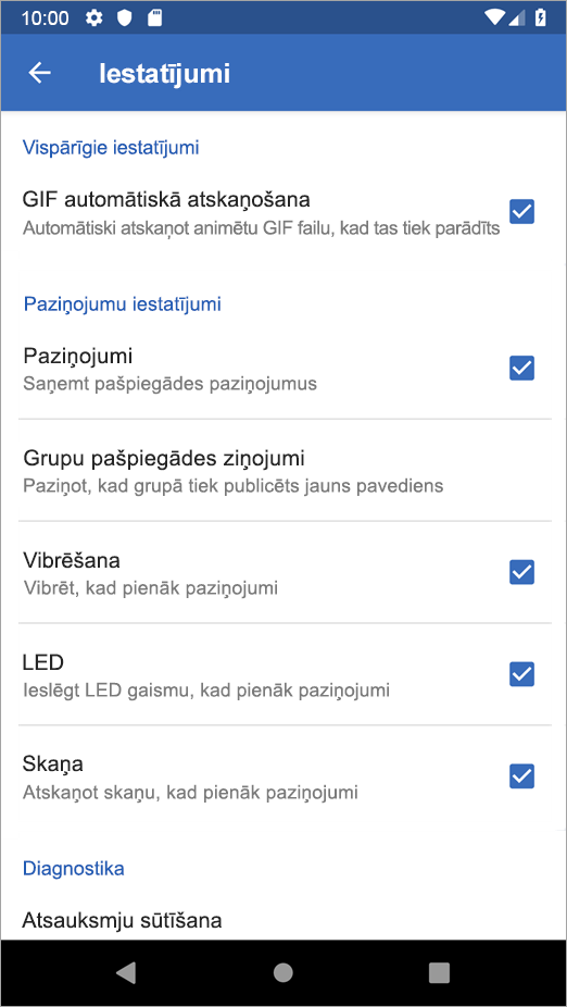 Yammer savā Android iestatījumu opcijas